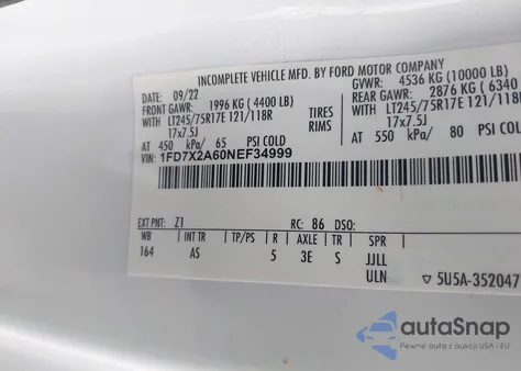 2022 Ford F-250 Xl из США, поврежденный, VIN 1FD7X2A60NEF34999